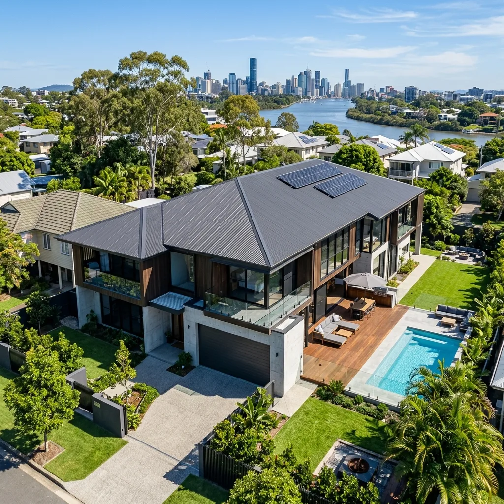 Elevated drone photograph of a luxury modern house with Monument® roof