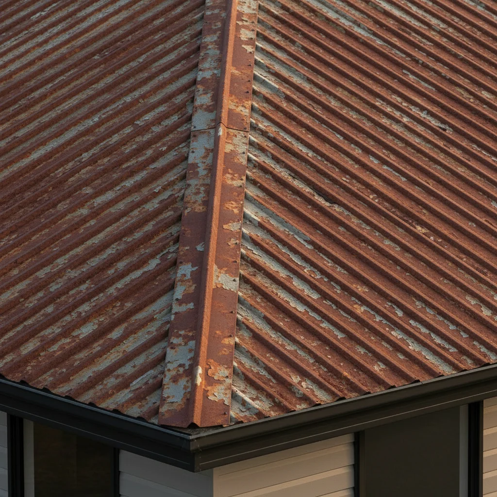 Before: Rusted and weathered metal roof sheeting